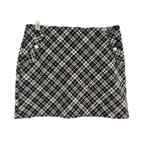 Forever21 Black/Cream Plaid Tweed Faux Pearl Mini Skirt Juniors YTK Size L - Picture 2 of 7